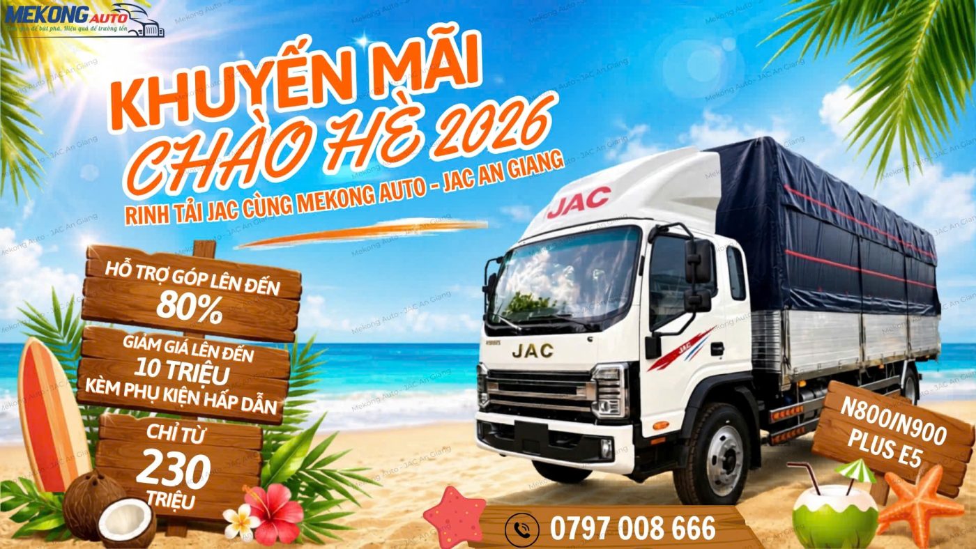 JAC N900 Plus E5 thùng dài 7m–7m6, tiết kiệm nhiên liệu, vận hành mạnh mẽ. Mua xe tải JAC chính hãng tại Mekong Auto An Giang.